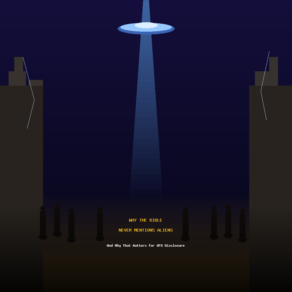 Dramatic cinematic art of an open Bible with a UFO emitting blue light beams above ancient ruins at night with robed silhouette figures